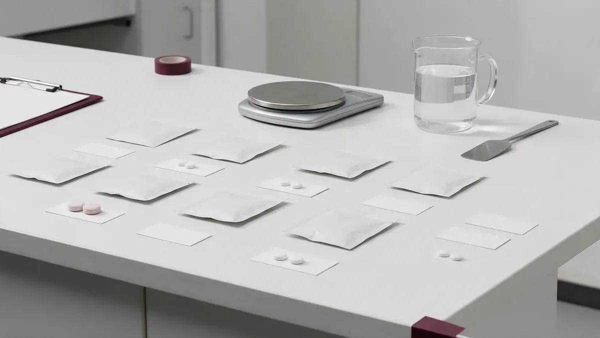 Un banco di laboratorio con bustine bianche senza marca disposte in griglia, cartellini bianchi, una bilancia e un becher d'acqua.