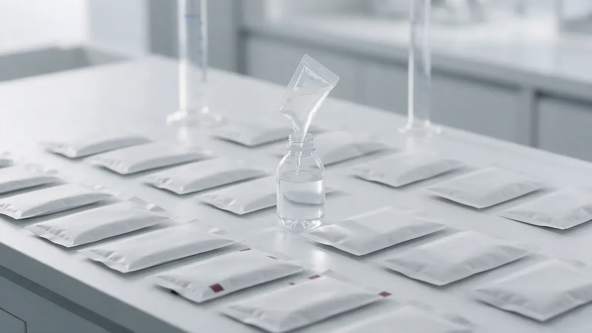 Bustine bianche senza marca accanto a uno stick in gel spremuto in una bottiglia d'acqua, su un banco di laboratorio.