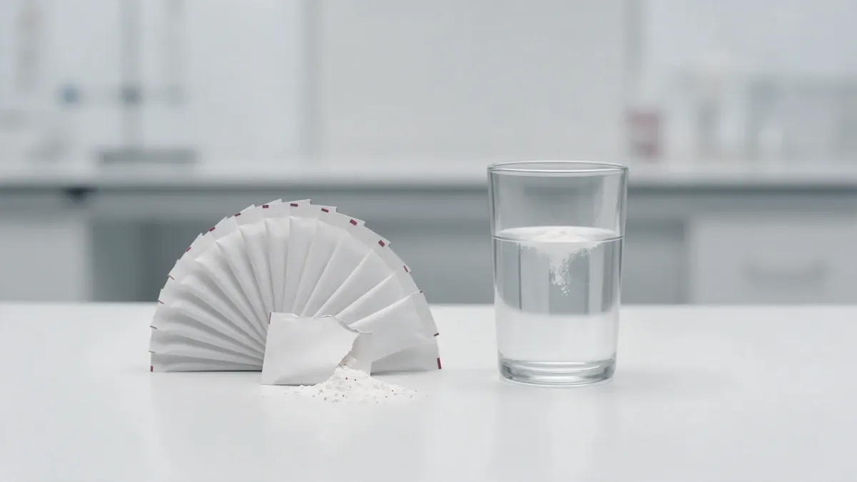 Un ventaglio di bustine monodose bianche, una aperta con la polvere che esce, accanto a un bicchiere d'acqua.