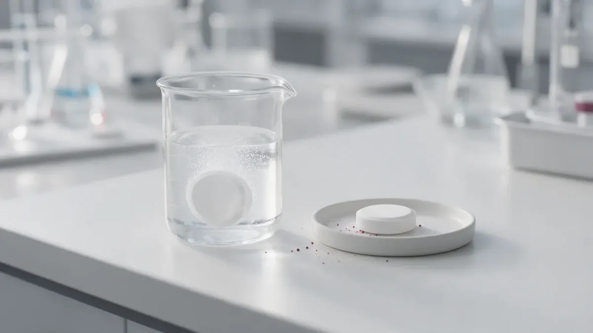 Una compressa effervescente che frizza in un becher d'acqua, con una seconda compressa su un vassoio bianco.