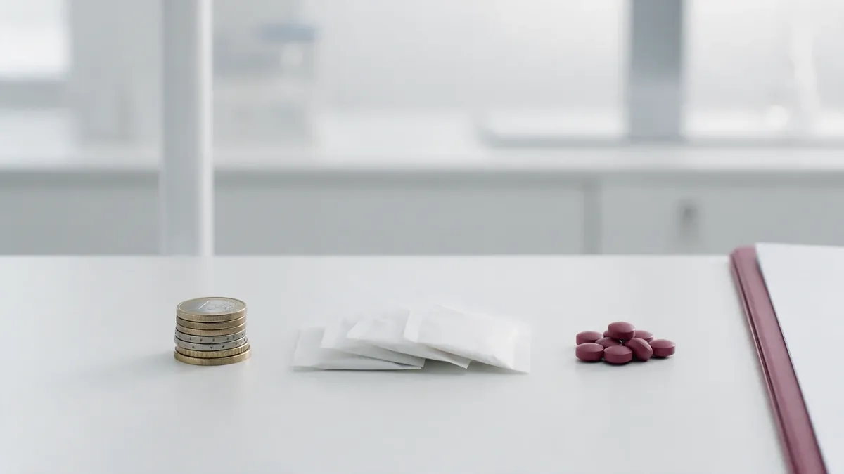Alcune monete in euro impilate accanto a bustine bianche senza marca e a un mucchietto di compresse color bordeaux.
