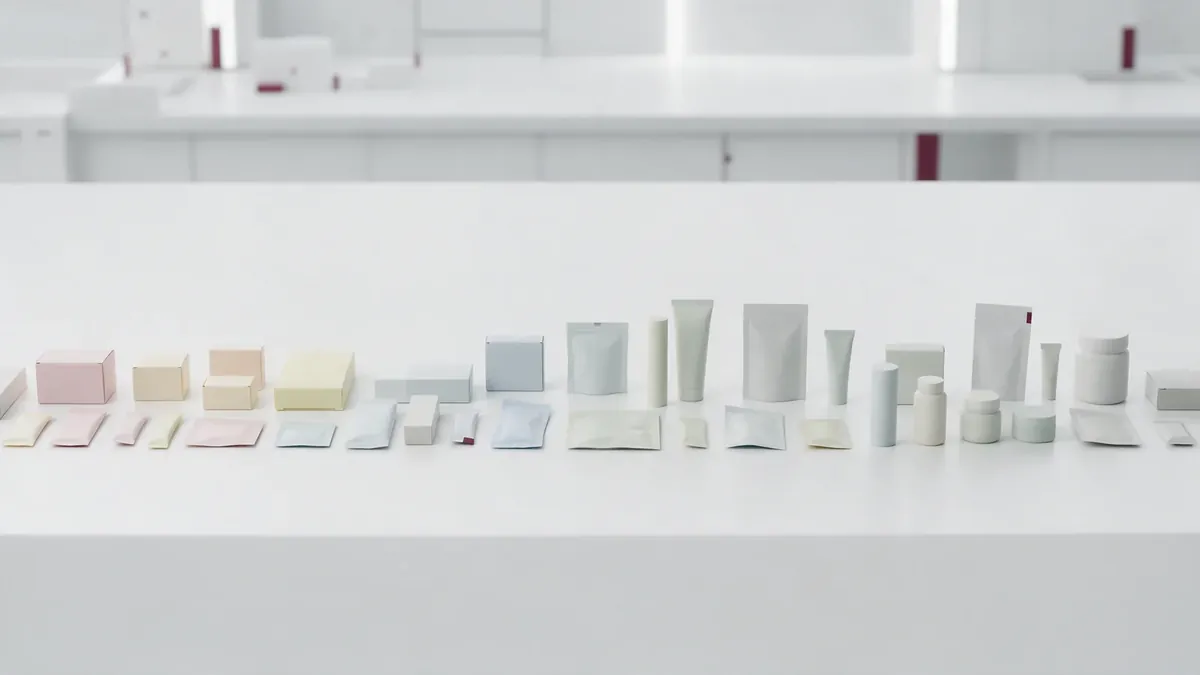 File di confezioni di integratori senza marca in formati e colori pastello diversi: scatole, bustine, tubi e barattoli.